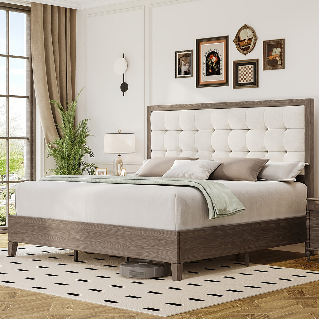 ALBOTT Mid-Century Solid Wood Bed with Padded Headboard And Wooden Slats Support, Box Spring Not Required