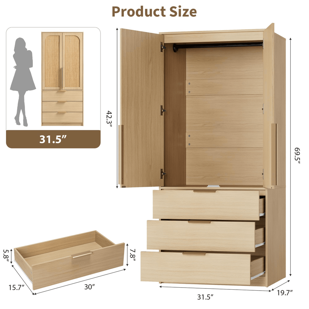 Large Capacity Wooden Wardrobe Cabinet with Rattan Doors, 69.5 in Armoire Closet Featuring 3 Drawers, Hanging Rod, And 2 Doors for Bedroom Clothing Storage, Natural End