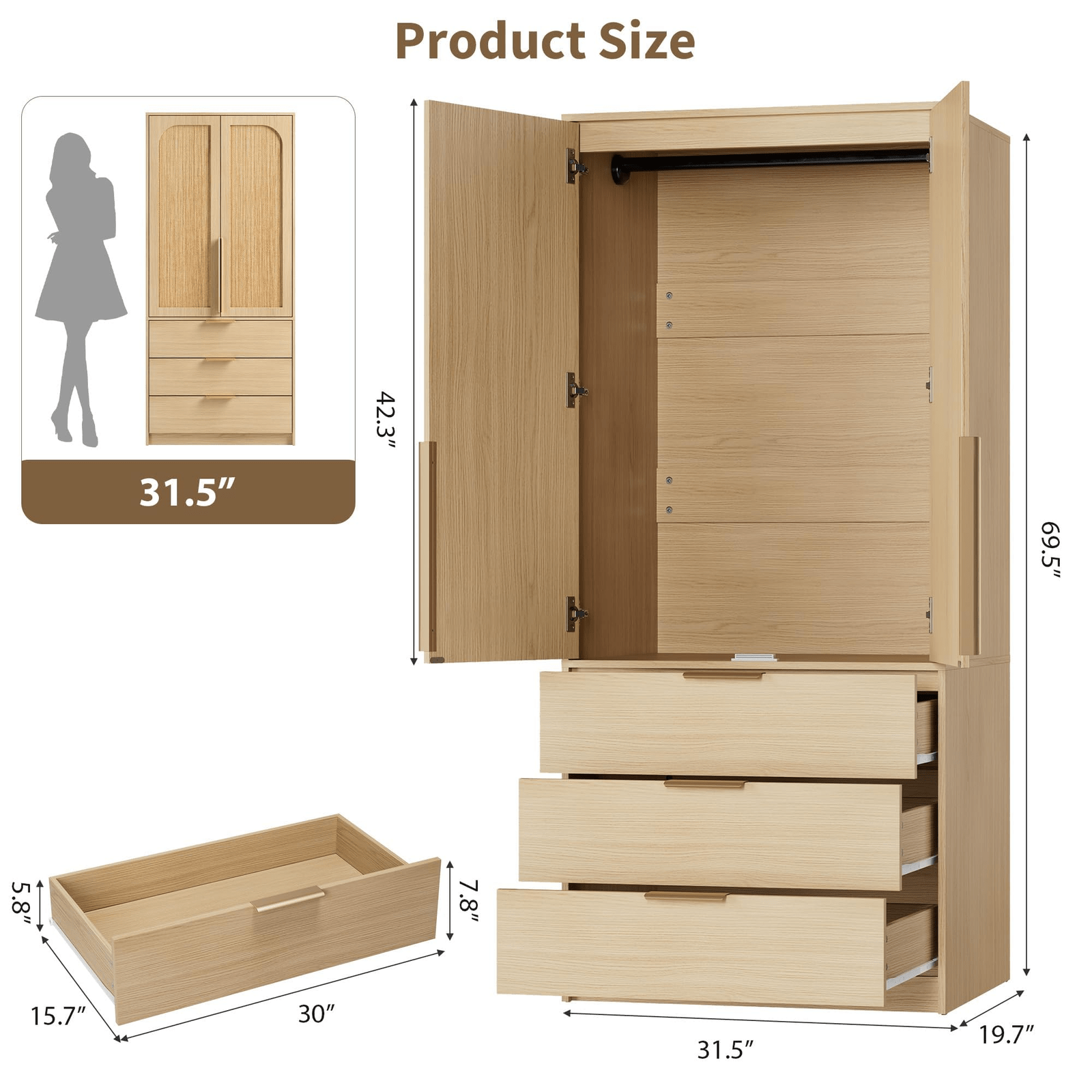 Large Capacity Wooden Wardrobe Cabinet with Rattan Doors, 69.5 in Armoire Closet Featuring 3 Drawers, Hanging Rod, And 2 Doors for Bedroom Clothing Storage, Natural End