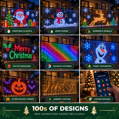 GlowCanvas Smart Christmas LED Pixel Curtain Lights | App-Controlled Colorful Animations & DIY Effects for Balcony, Window & Patio
