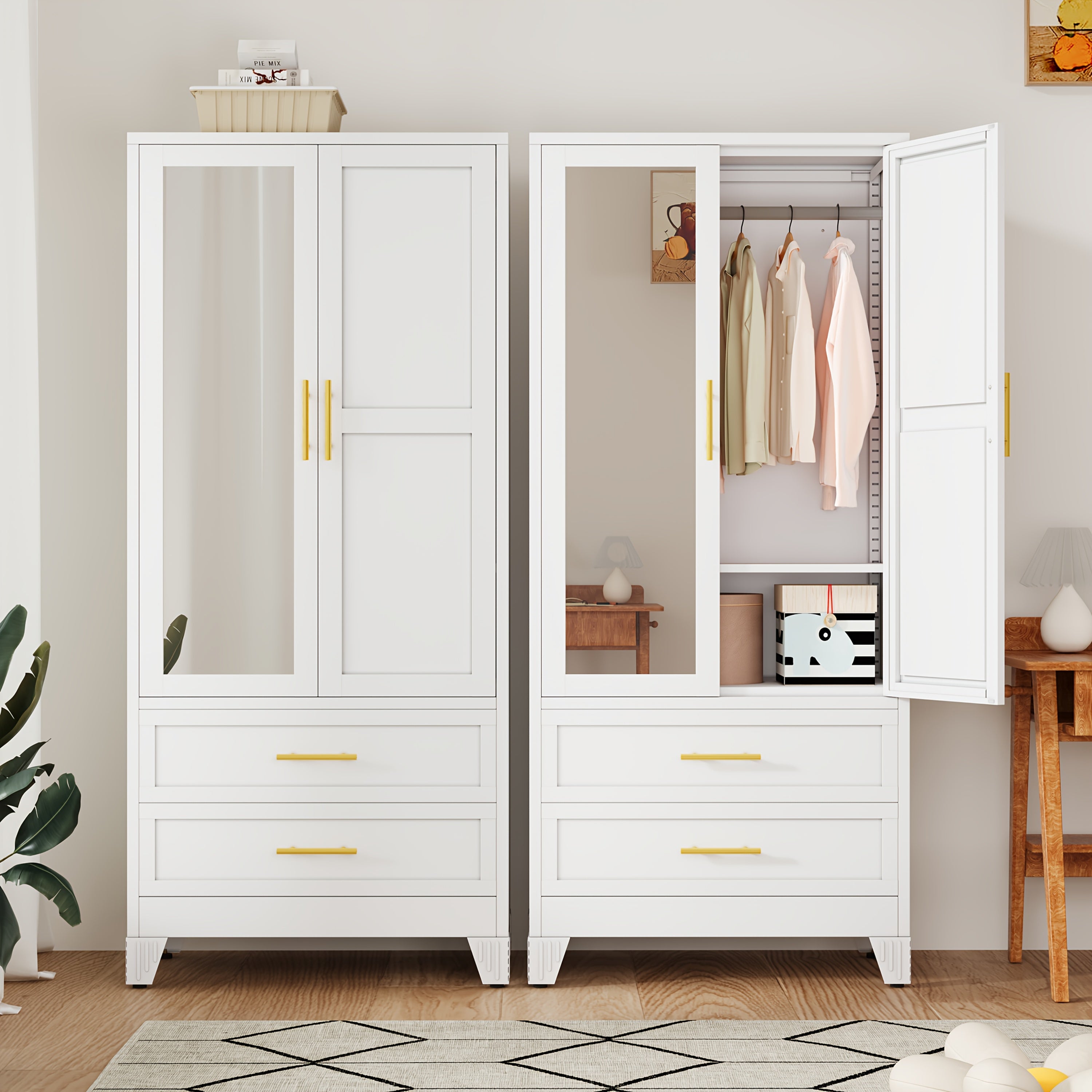 71 Inch Metal Wardrobe with Mirror, 2 Drawers, Adjustable Shelves And Hangers, Clothing Storage Cabinet for Bedroom