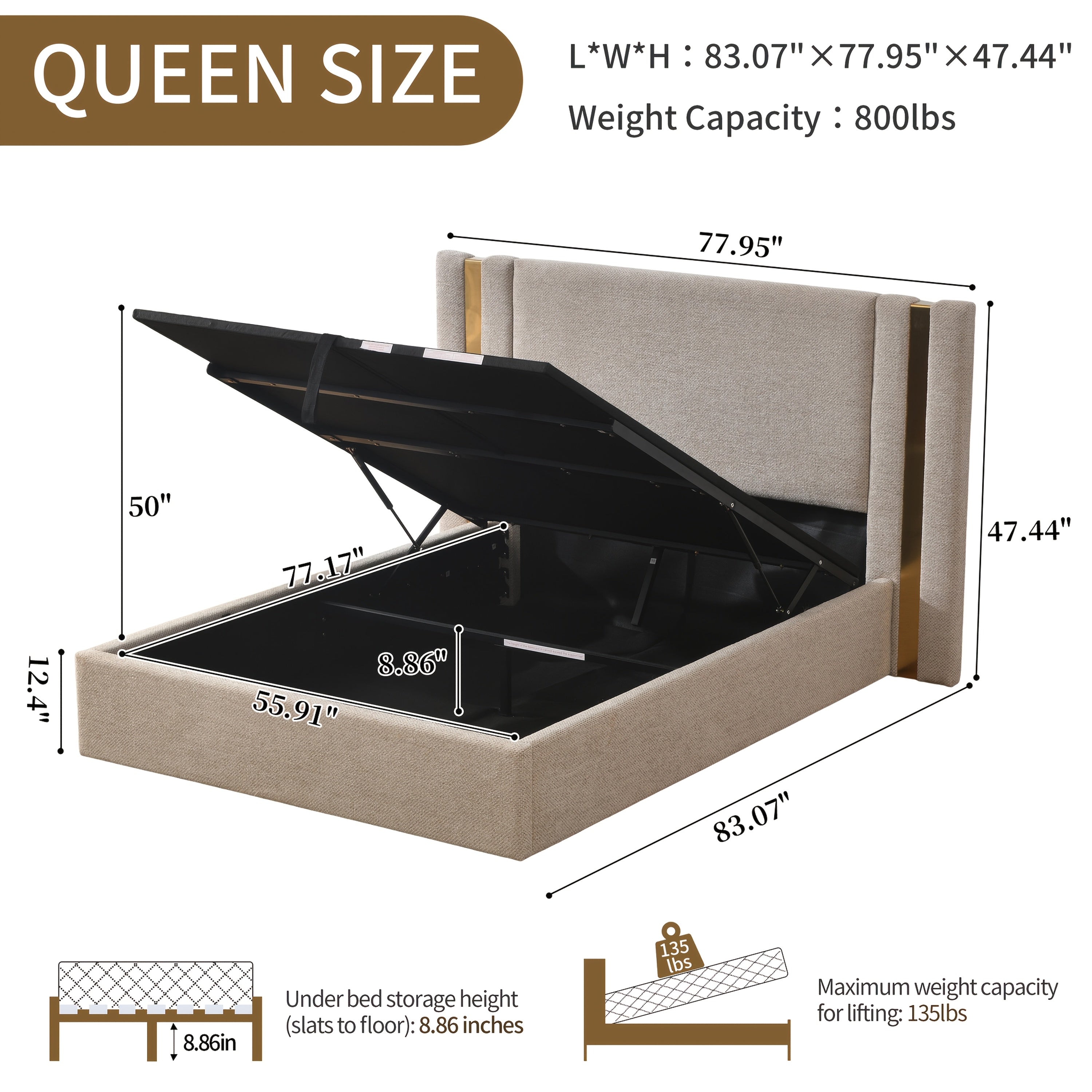 Platform Bed Frame in Queen Or King Size with a Lift-Up Feature for Ample Storage Beneath, Crafted from Wood, Eliminating The Need for a Box Spring, Easy to Assemble, Available in White Or Mink