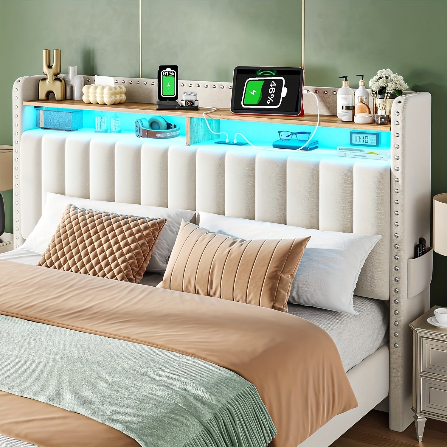 EnHomee Full&Queen&King Size, Bed Frame With 2-Tier Storage Headboard, With Charging Station, LED Light Platform Bed Frame, 2 Storage Drawers For Storing, Sturdy Wooden Slats Support, Noise-Free, No Box Spring Needed, Beige