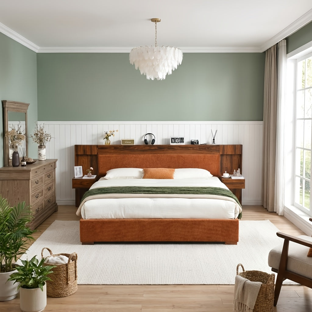 King\u002FQueen Size Wood Platform Bed Frame with Hotel-Style Linen Upholstered Headboard, Nightstands & 2 Large Drawers & Storage Headboard, Wood Slat Support, No Box Spring Needed, Easy Assembly, Ocher\u002FCream