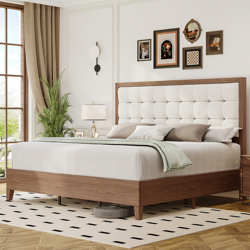 ALBOTT Mid-Century Solid Wood Bed with Padded Headboard And Wooden Slats Support, Box Spring Not Required