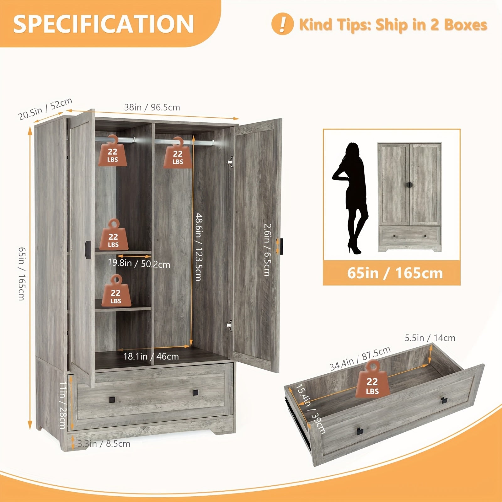 Bonnlo Freestanding Wide Armoire Wardrobe Closet with Shelves, Hanging Rod And Drawers for Bedroom