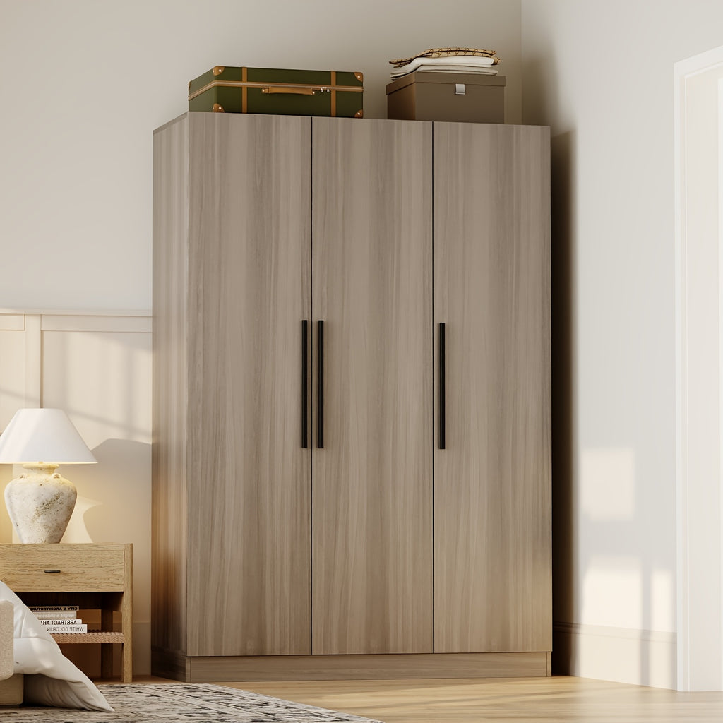 Contemporary Wooden Wardrobe with Three Doors, Designed for Clothing Storage, Featuring Six Compartments And a Hanging Rod. This Closet Includes Handles And Is Suitable for Bedrooms, Offering Ample Storage Space in Grey, Brown, And White Finishes