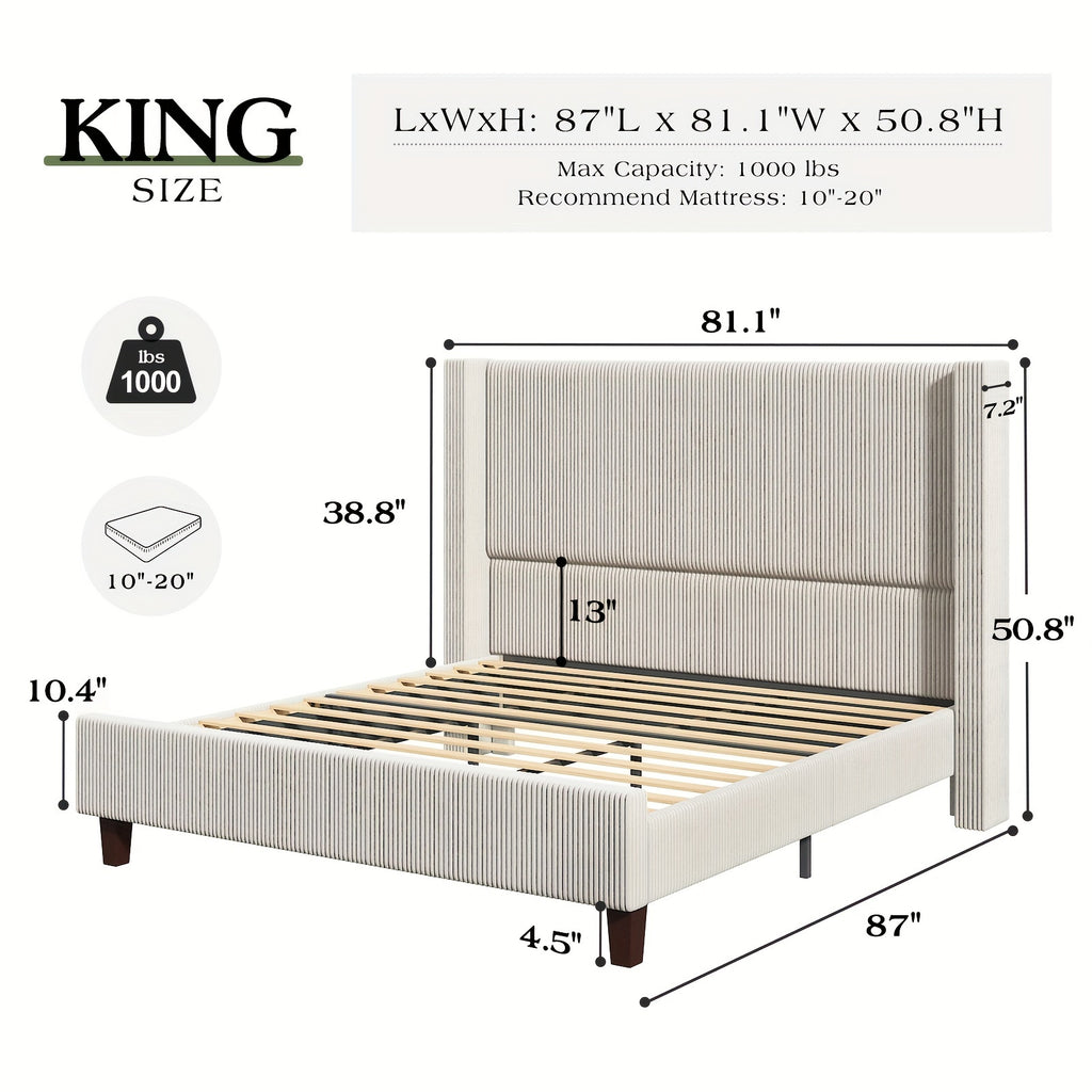 50.8 Inches High Upholstered Wingback Bed Frame - Robust Platform Featuring Solid Wood Legs And Corduroy Fabric, No Box Spring Required