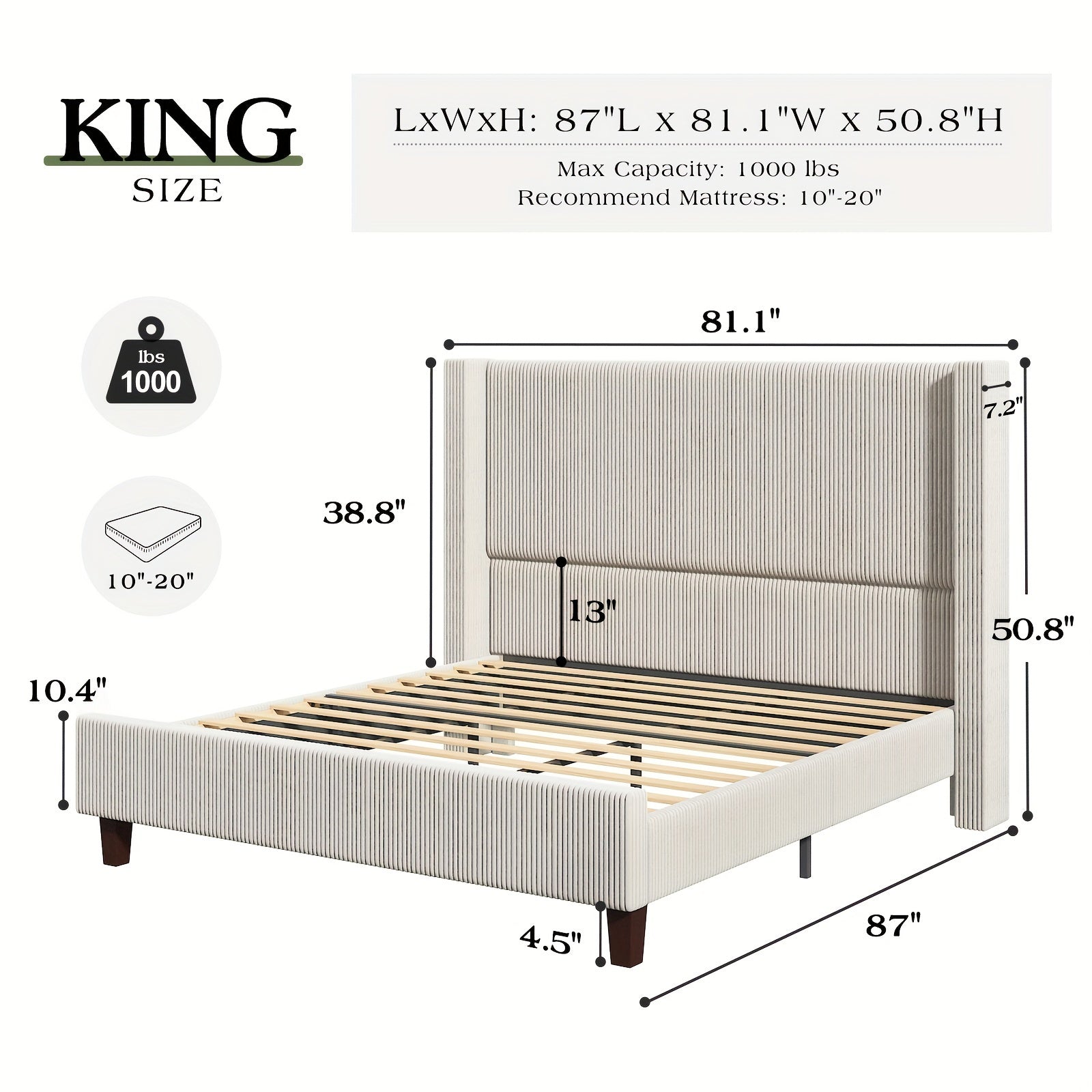 50.8 Inches High Upholstered Wingback Bed Frame - Robust Platform Featuring Solid Wood Legs And Corduroy Fabric, No Box Spring Required