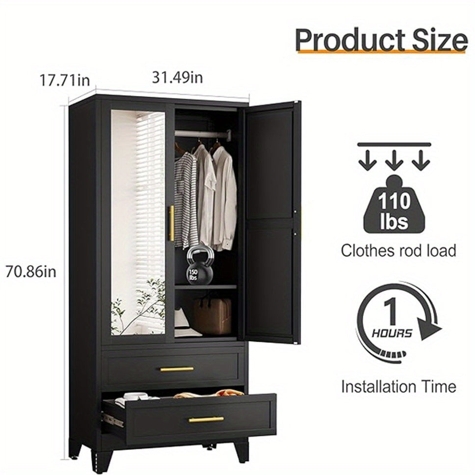 71 Inch Metal Wardrobe with Mirror, 2 Drawers, Adjustable Shelves And Hangers, Clothing Storage Cabinet for Bedroom