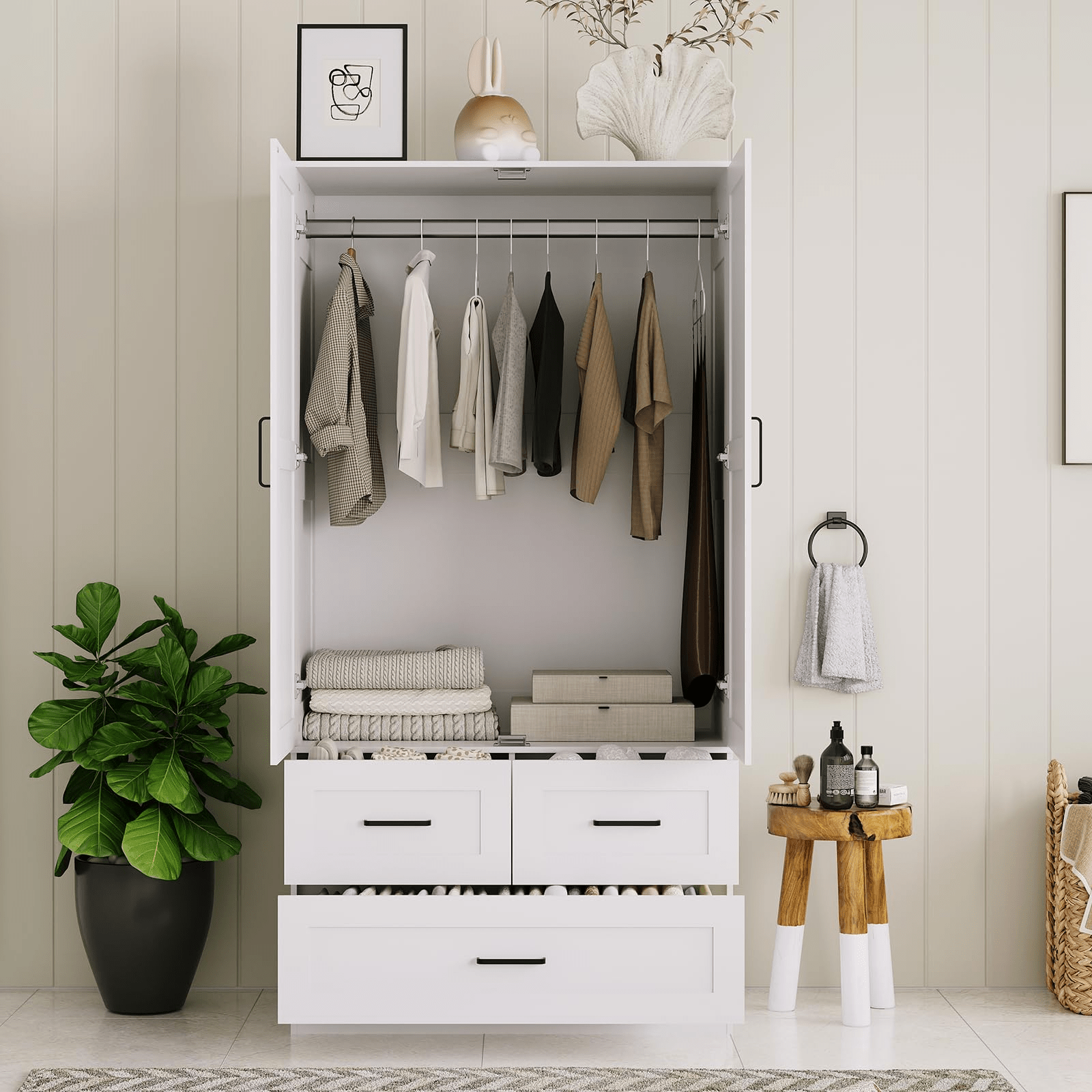 A 70-Inch Standalone Wooden Closet Designed for Bedrooms, Featuring Hanging Rods And Three Spacious Drawers, Ideal for Efficient Clothing Storage