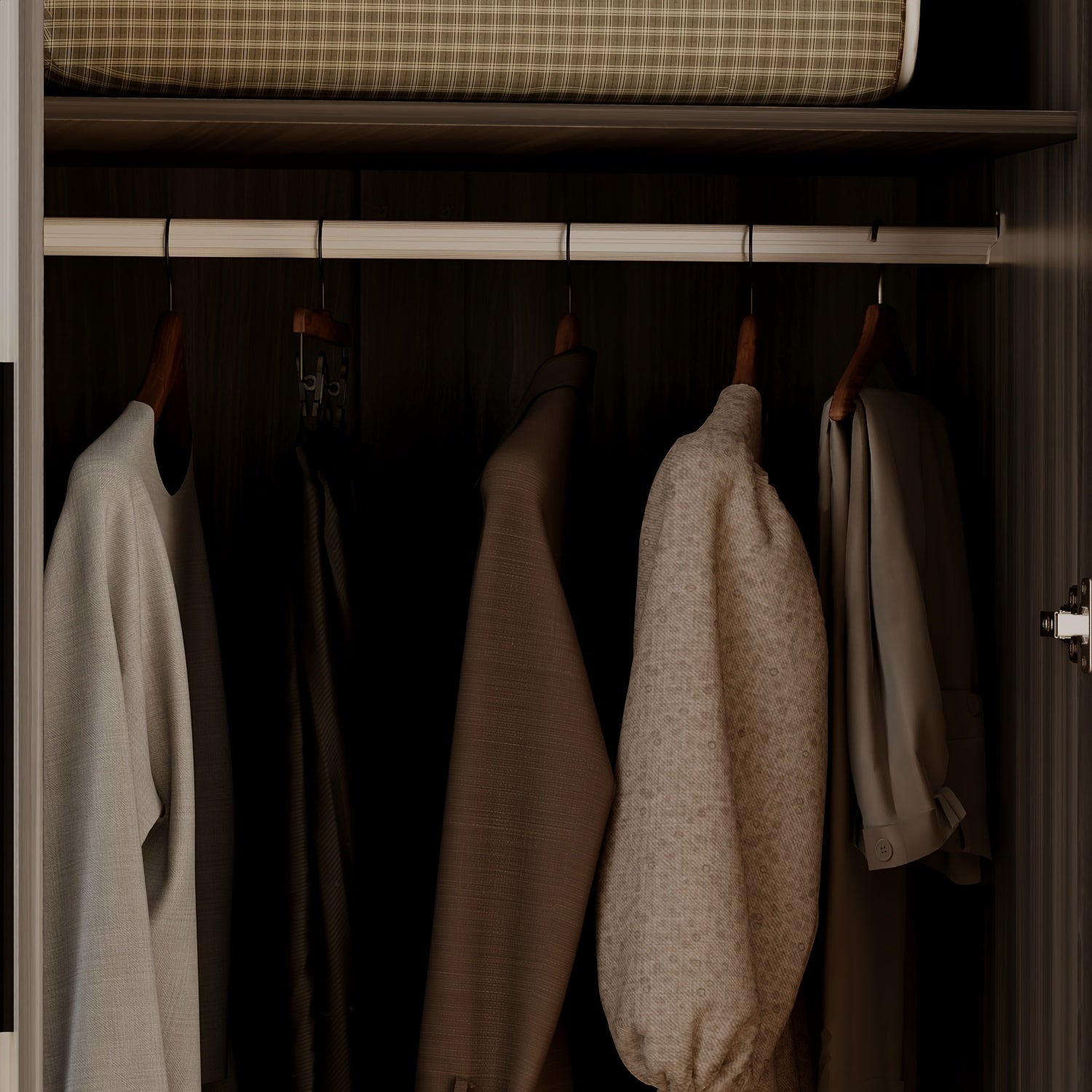 Contemporary Wooden Wardrobe with Three Doors, Designed for Clothing Storage, Featuring Six Compartments And a Hanging Rod. This Closet Includes Handles And Is Suitable for Bedrooms, Offering Ample Storage Space in Grey, Brown, And White Finishes