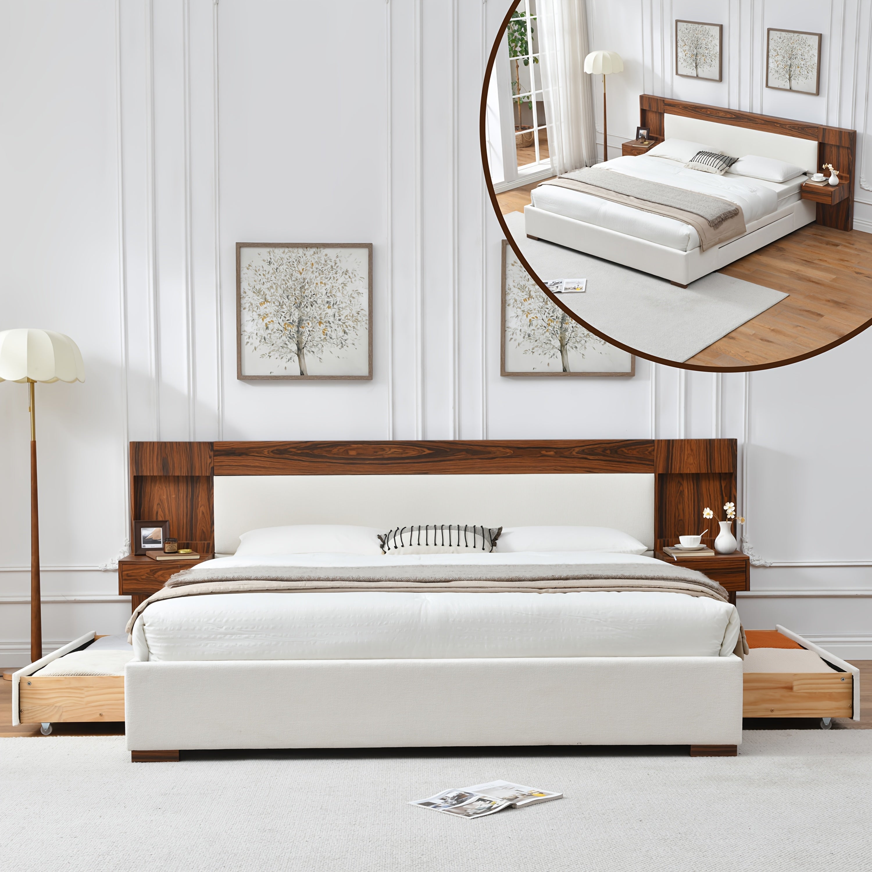 King\u002FQueen Size Wood Platform Bed Frame with Hotel-Style Linen Upholstered Headboard, Nightstands & 2 Large Drawers & Storage Headboard, Wood Slat Support, No Box Spring Needed, Easy Assembly, Ocher\u002FCream
