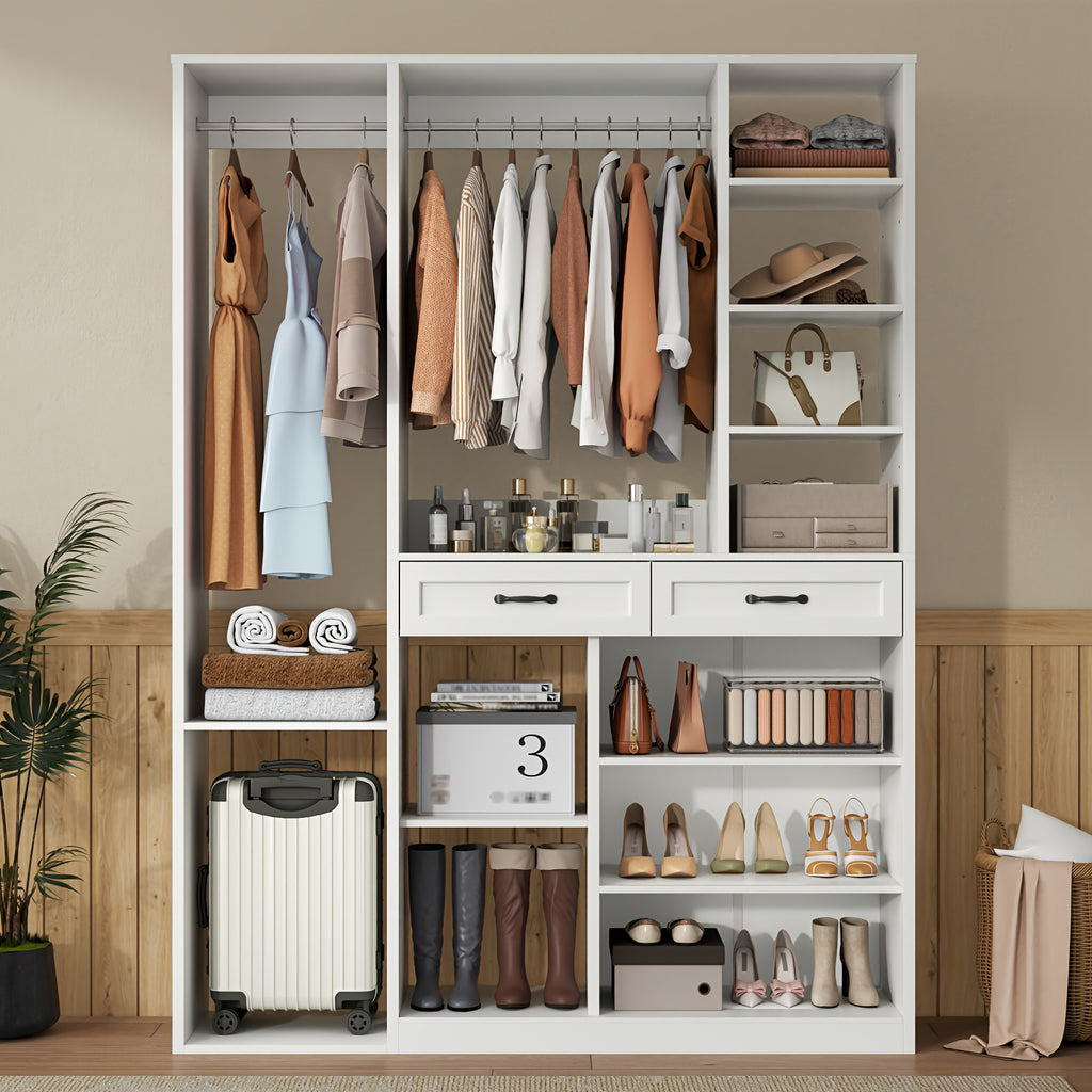 Bedroom Tall Wardrobe with Adjustable Shelves And 2 Drawers, Armoire Wardrobe Closet with 2 Hanging Rods, Wooden Bedroom Closet for Home Room, White Large Armoires with Storage Compartment, 81\
