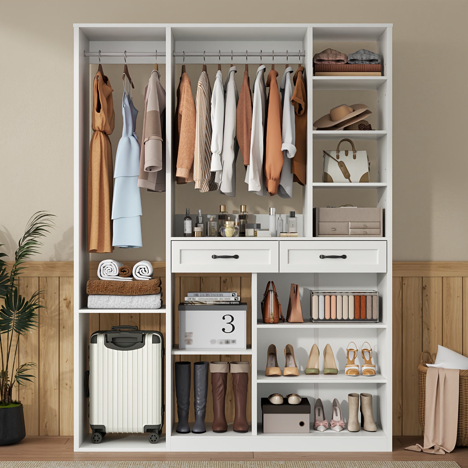 Bedroom Tall Wardrobe with Adjustable Shelves And 2 Drawers, Armoire Wardrobe Closet with 2 Hanging Rods, Wooden Bedroom Closet for Home Room, White Large Armoires with Storage Compartment, 81\