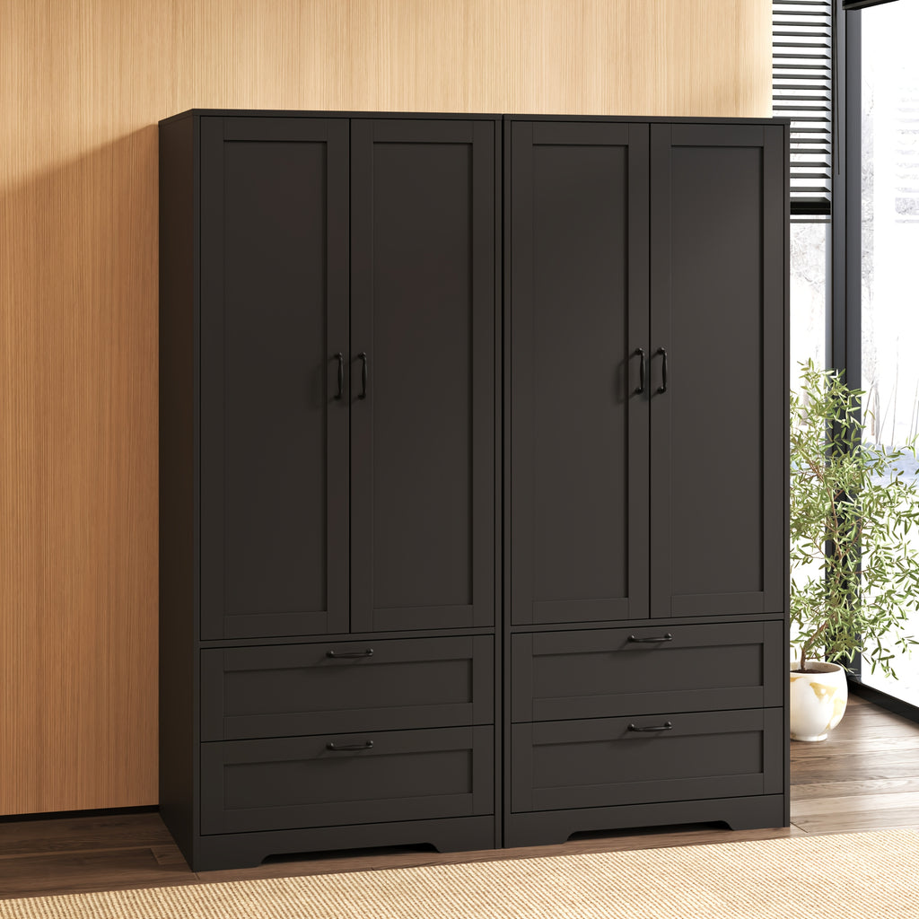 Spacious Contemporary Wardrobe with a Standing Design, Featuring a Clothing Storage Cabinet Equipped with Drawers, Double Doors, And Hangers, Ideal for Bedrooms, Cloakrooms, And Laundry Areas. It Includes 2 Drawers And a Clothes Drying Pole