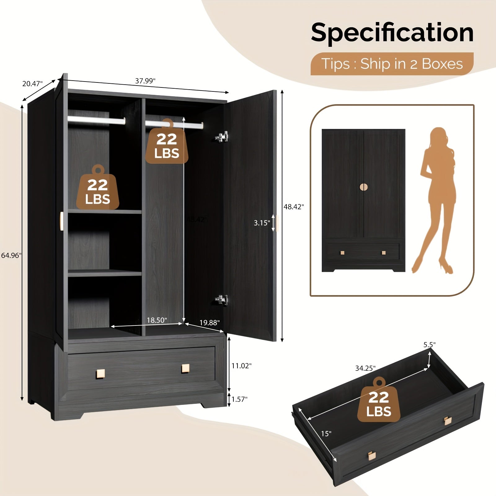 Bonnlo Freestanding Wide Armoire Wardrobe Closet with Shelves, Hanging Rod And Drawers for Bedroom