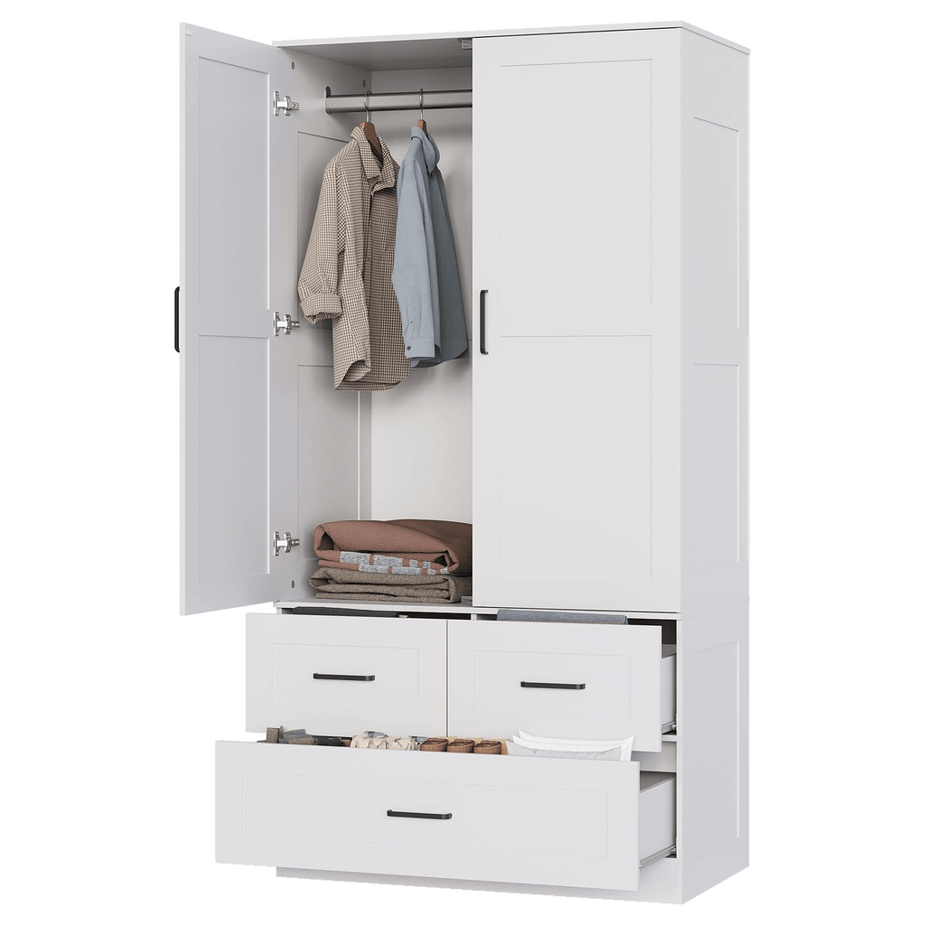 A 70-Inch Standalone Wooden Closet Designed for Bedrooms, Featuring Hanging Rods And Three Spacious Drawers, Ideal for Efficient Clothing Storage