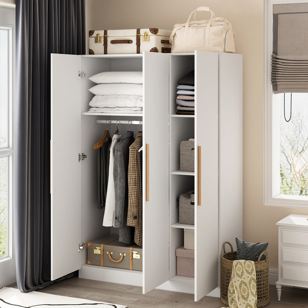 Contemporary Wooden Wardrobe with Three Doors, Designed for Clothing Storage, Featuring Six Compartments And a Hanging Rod. This Closet Includes Handles And Is Suitable for Bedrooms, Offering Ample Storage Space in Grey, Brown, And White Finishes