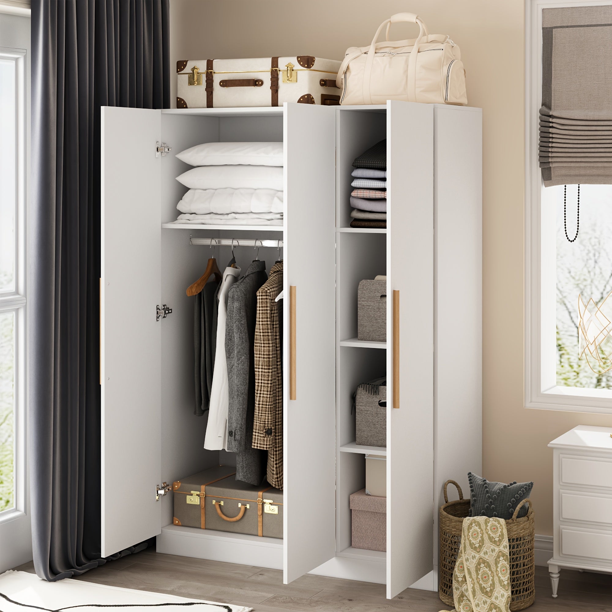 Contemporary Wooden Wardrobe with Three Doors, Designed for Clothing Storage, Featuring Six Compartments And a Hanging Rod. This Closet Includes Handles And Is Suitable for Bedrooms, Offering Ample Storage Space in Grey, Brown, And White Finishes