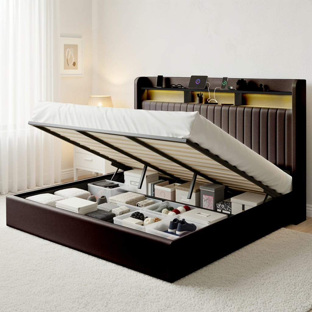 WEEWAY Elevate Storage Bed Frame, Plush Vertical Channel Headboard, LED Lighting And Charging Hub, Hydraulic Assistance, Silent Wooden Slats, No Box Spring Required, Bedroom Furnishings, Master Suite, Guest Room, Available in White, Black, Cream