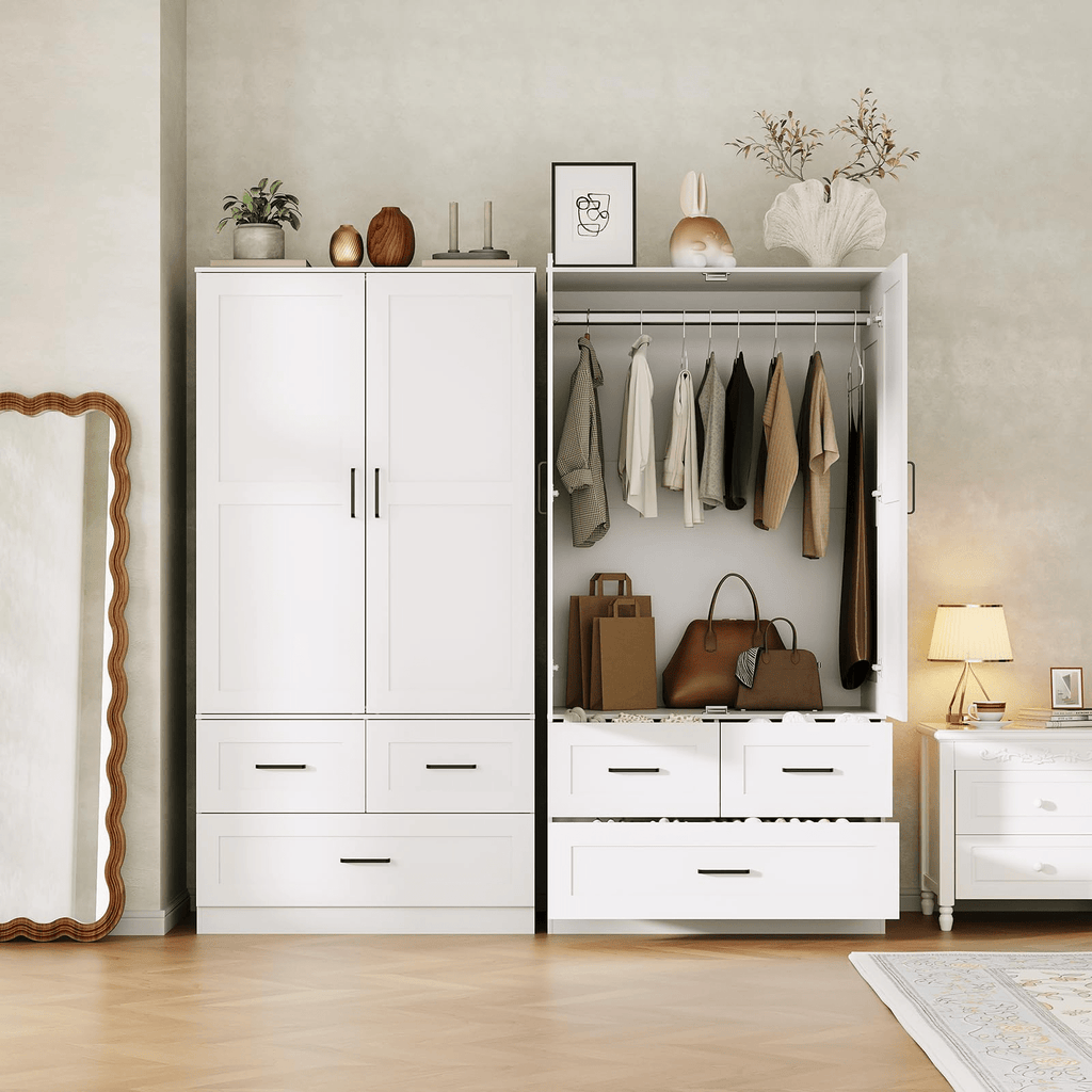 A 70-Inch Standalone Wooden Closet Designed for Bedrooms, Featuring Hanging Rods And Three Spacious Drawers, Ideal for Efficient Clothing Storage
