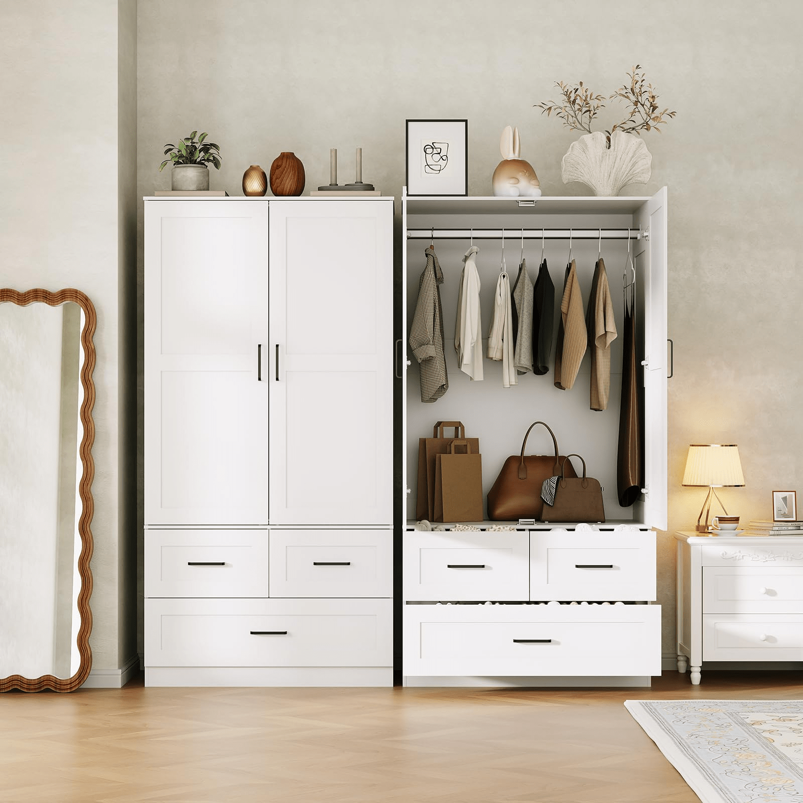 A 70-Inch Standalone Wooden Closet Designed for Bedrooms, Featuring Hanging Rods And Three Spacious Drawers, Ideal for Efficient Clothing Storage