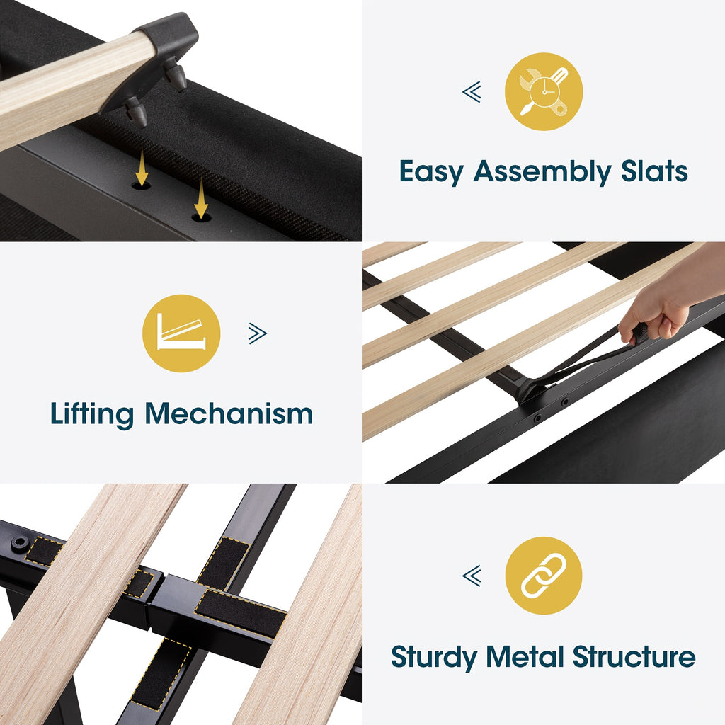WEEWAY Elevate Storage Bed Frame, Plush Vertical Channel Headboard, LED Lighting And Charging Hub, Hydraulic Assistance, Silent Wooden Slats, No Box Spring Required, Bedroom Furnishings, Master Suite, Guest Room, Available in White, Black, Cream