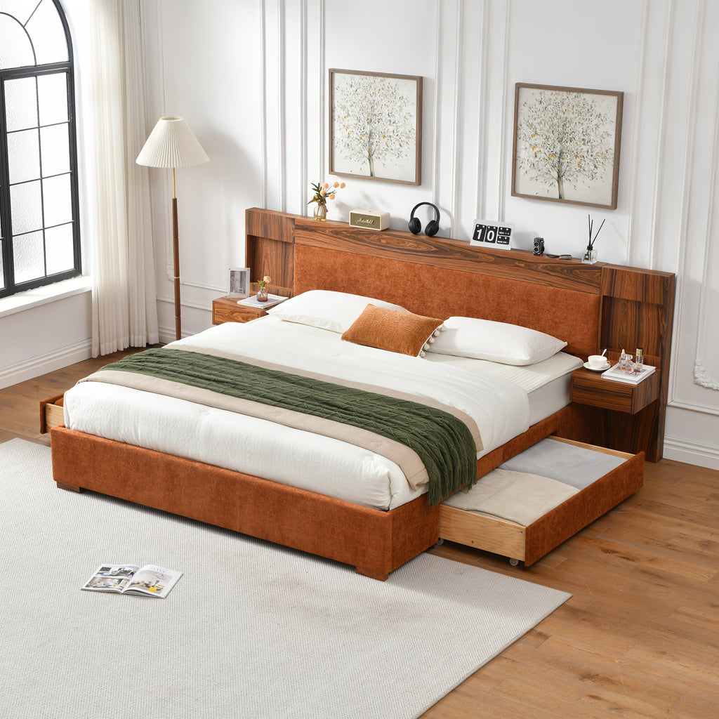 King\u002FQueen Size Wood Platform Bed Frame with Hotel-Style Linen Upholstered Headboard, Nightstands & 2 Large Drawers & Storage Headboard, Wood Slat Support, No Box Spring Needed, Easy Assembly, Ocher\u002FCream