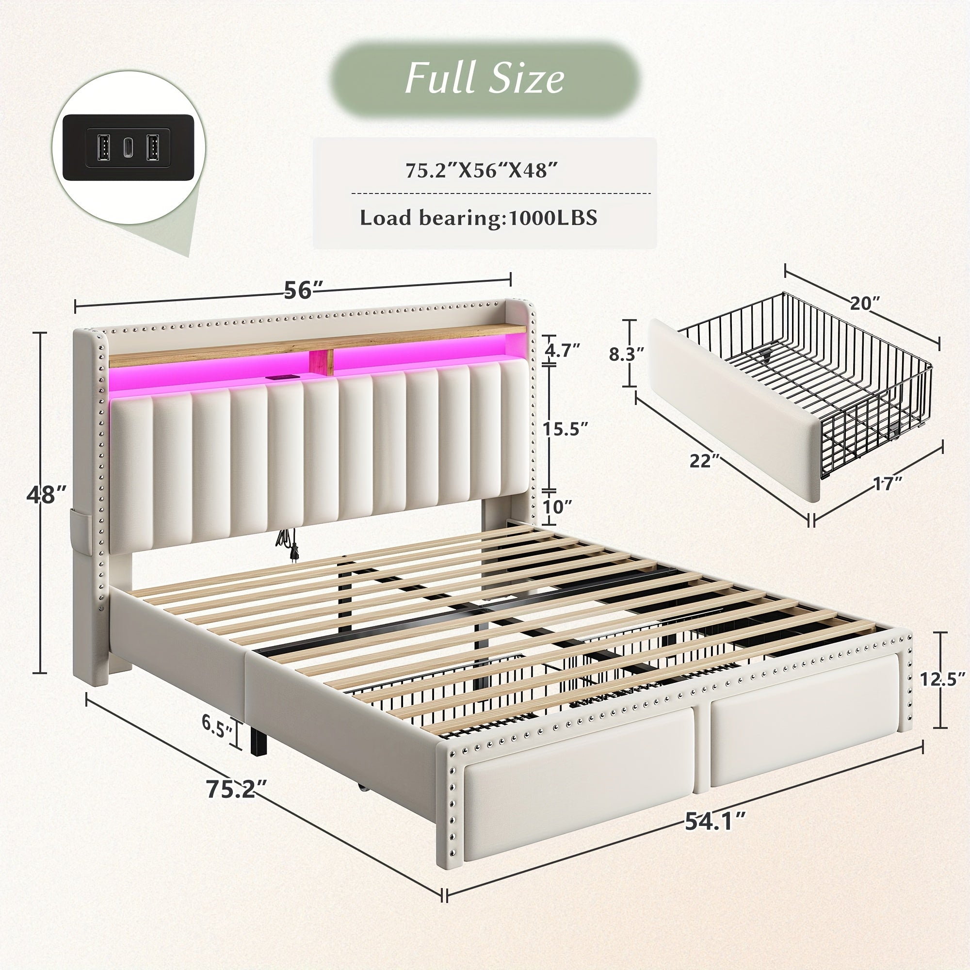 EnHomee Full&Queen&King Size, Bed Frame With 2-Tier Storage Headboard, With Charging Station, LED Light Platform Bed Frame, 2 Storage Drawers For Storing, Sturdy Wooden Slats Support, Noise-Free, No Box Spring Needed, Beige