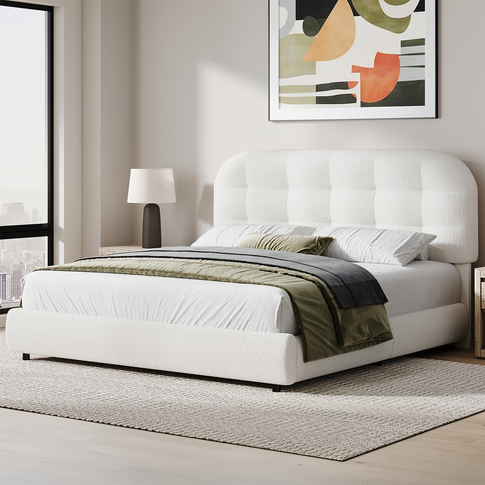 Hombck Twin Full Queen King Size Bed Frame, Upholstered Boucle Bed Frame King Size with Headboard, Soft Cloud Bed Frame with Thickened Footboard, Rounded Corners, No Box Spring Required, Easy Assembly, Cream\u002FWhite
