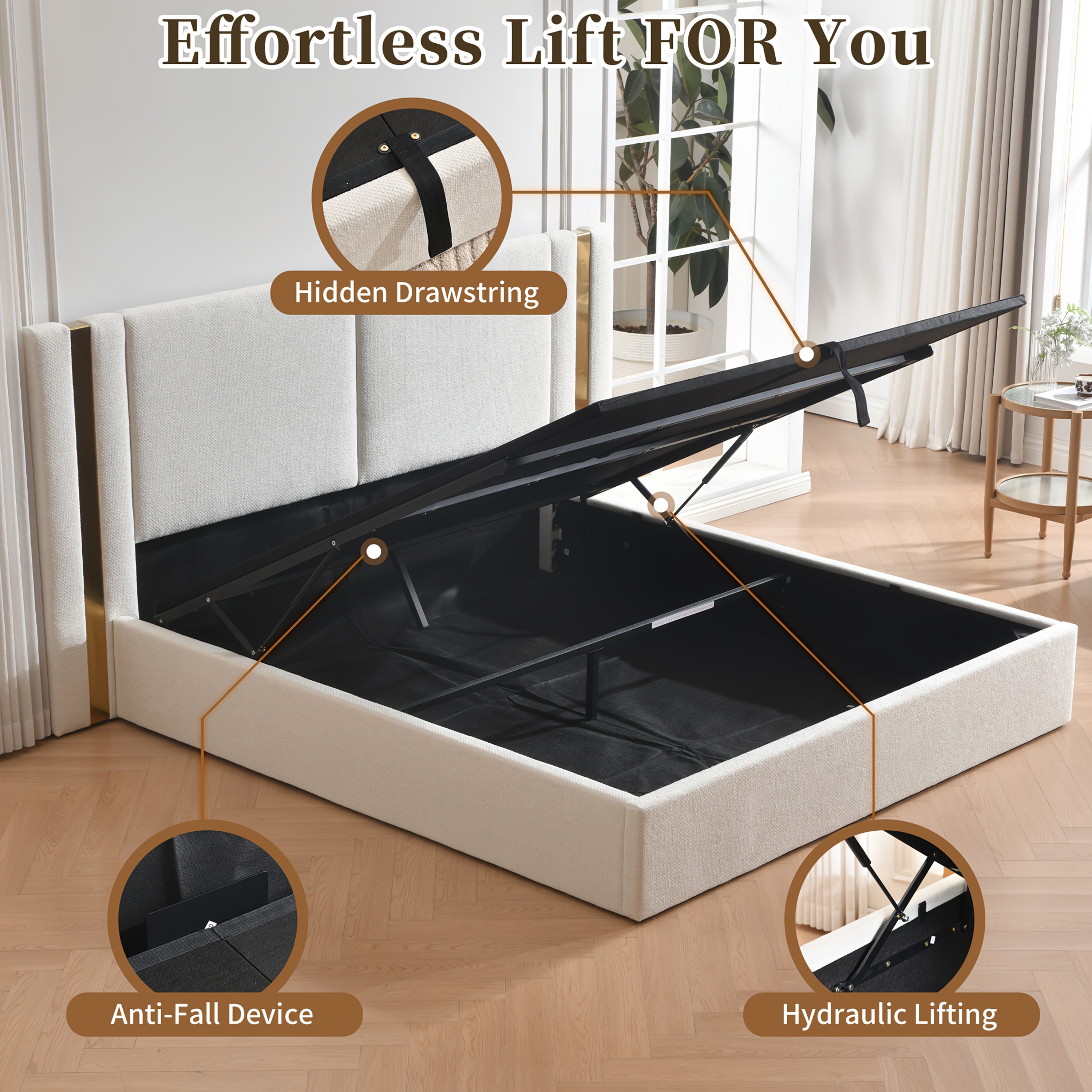 Platform Bed Frame in Queen Or King Size with a Lift-Up Feature for Ample Storage Beneath, Crafted from Wood, Eliminating The Need for a Box Spring, Easy to Assemble, Available in White Or Mink