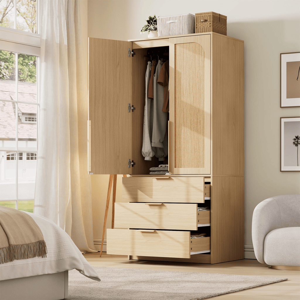 Large Capacity Wooden Wardrobe Cabinet with Rattan Doors, 69.5 in Armoire Closet Featuring 3 Drawers, Hanging Rod, And 2 Doors for Bedroom Clothing Storage, Natural End