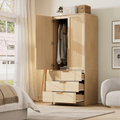 Large Capacity Wooden Wardrobe Cabinet with Rattan Doors, 69.5 in Armoire Closet Featuring 3 Drawers, Hanging Rod, And 2 Doors for Bedroom Clothing Storage, Natural End