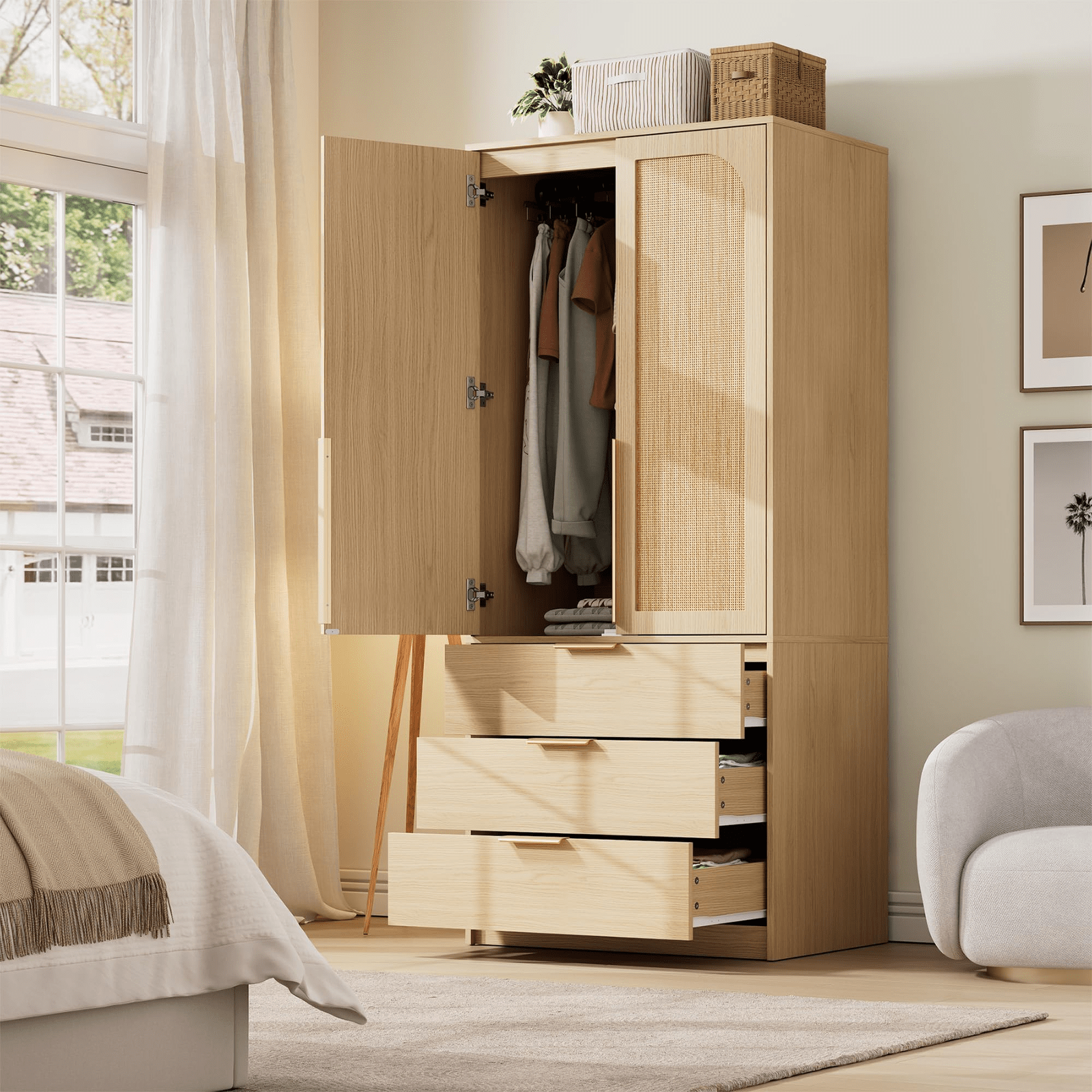 Large Capacity Wooden Wardrobe Cabinet with Rattan Doors, 69.5 in Armoire Closet Featuring 3 Drawers, Hanging Rod, And 2 Doors for Bedroom Clothing Storage, Natural End