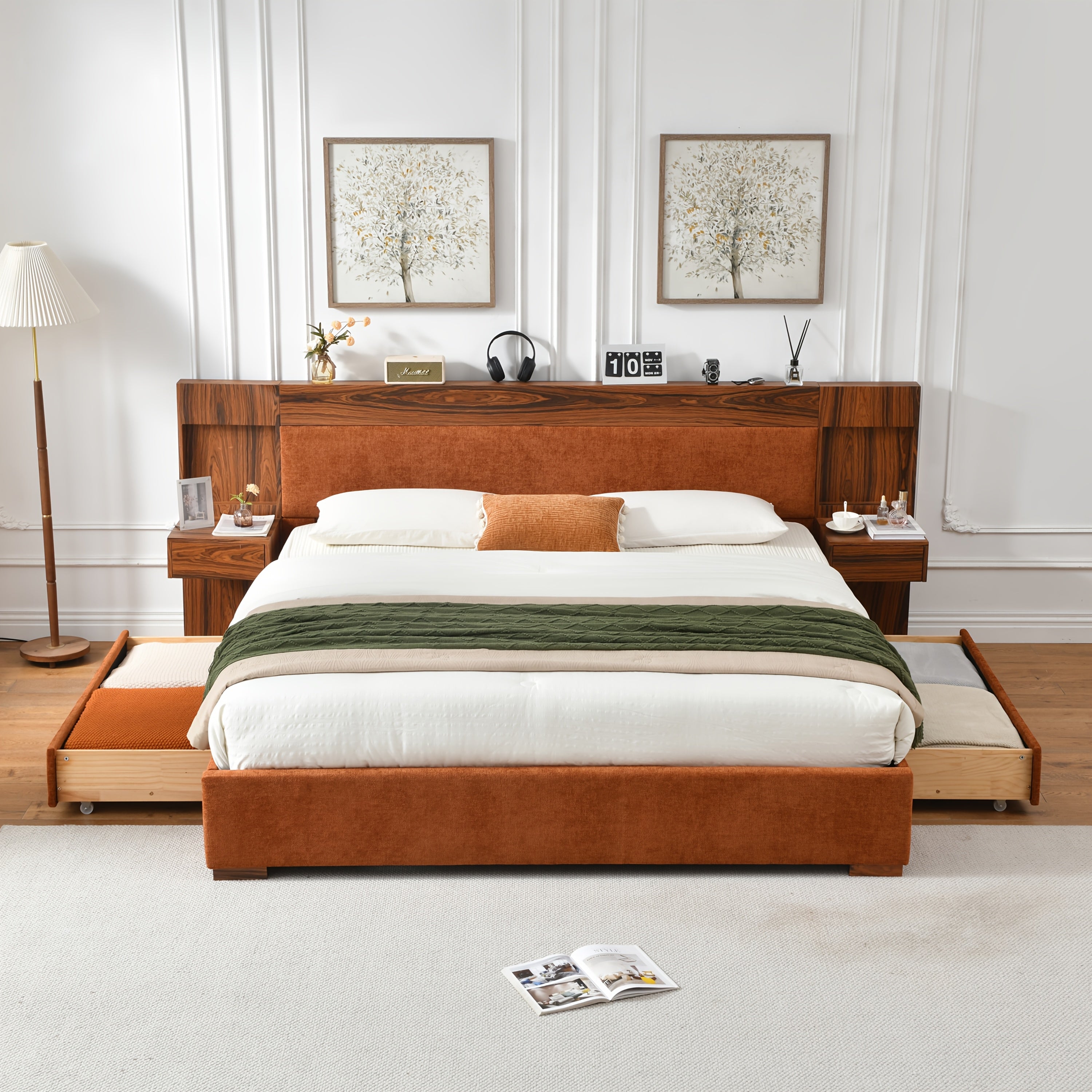 King\u002FQueen Size Wood Platform Bed Frame with Hotel-Style Linen Upholstered Headboard, Nightstands & 2 Large Drawers & Storage Headboard, Wood Slat Support, No Box Spring Needed, Easy Assembly, Ocher\u002FCream