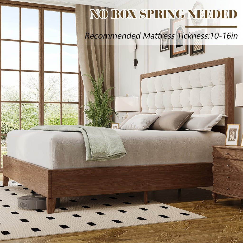 ALBOTT Mid-Century Solid Wood Bed with Padded Headboard And Wooden Slats Support, Box Spring Not Required