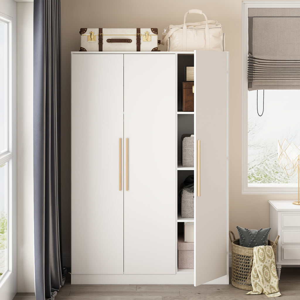 Contemporary Wooden Wardrobe with Three Doors, Designed for Clothing Storage, Featuring Six Compartments And a Hanging Rod. This Closet Includes Handles And Is Suitable for Bedrooms, Offering Ample Storage Space in Grey, Brown, And White Finishes