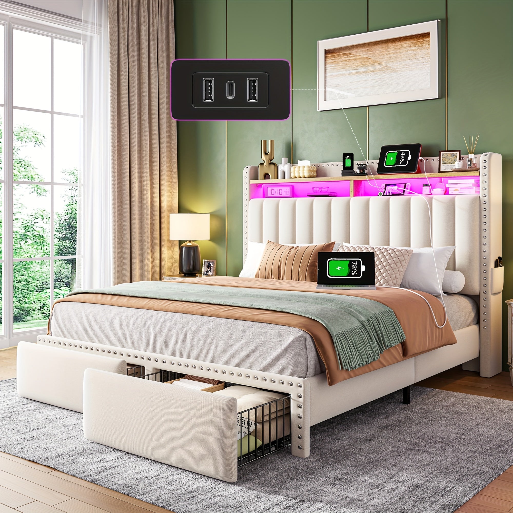 EnHomee Full&Queen&King Size, Bed Frame With 2-Tier Storage Headboard, With Charging Station, LED Light Platform Bed Frame, 2 Storage Drawers For Storing, Sturdy Wooden Slats Support, Noise-Free, No Box Spring Needed, Beige
