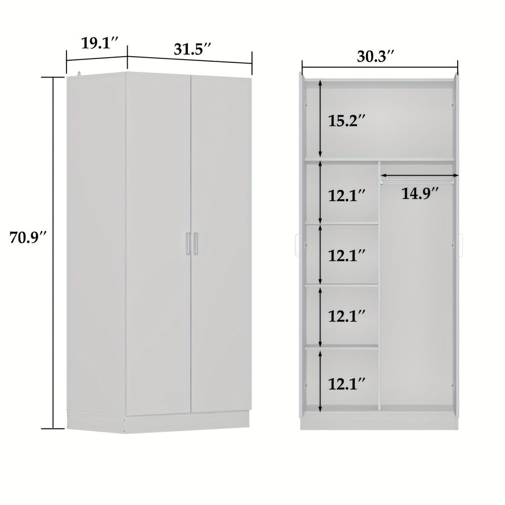 Elegant Wardrobe Armoire Closet with 2 Doors, Freestanding Wardrobe Cabinet with Storage Shelves & Hanging Rod, Bedroom Clothes Cabinet Organizer, White