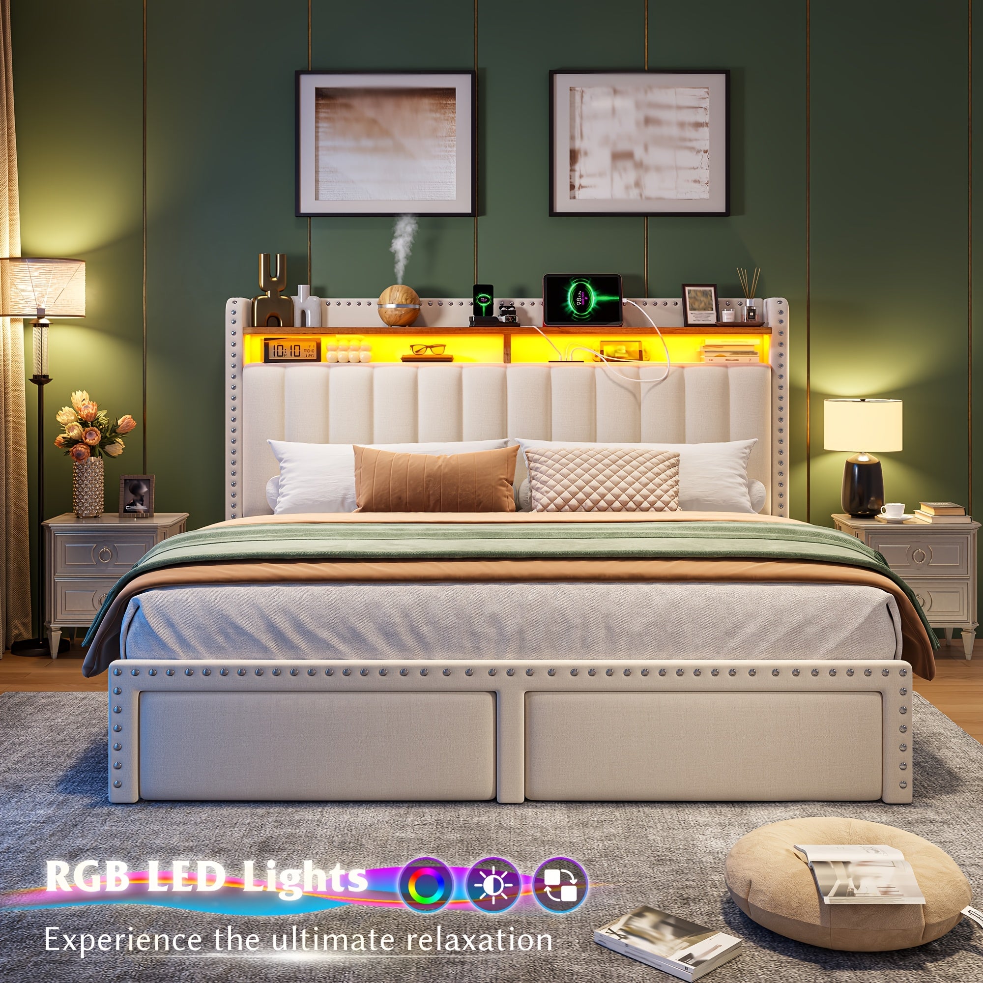 EnHomee Full&Queen&King Size, Bed Frame With 2-Tier Storage Headboard, With Charging Station, LED Light Platform Bed Frame, 2 Storage Drawers For Storing, Sturdy Wooden Slats Support, Noise-Free, No Box Spring Needed, Beige