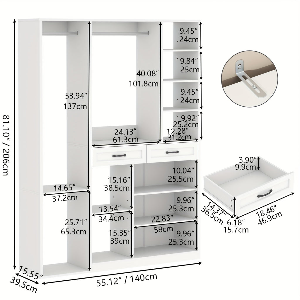 Bedroom Tall Wardrobe with Adjustable Shelves And 2 Drawers, Armoire Wardrobe Closet with 2 Hanging Rods, Wooden Bedroom Closet for Home Room, White Large Armoires with Storage Compartment, 81\