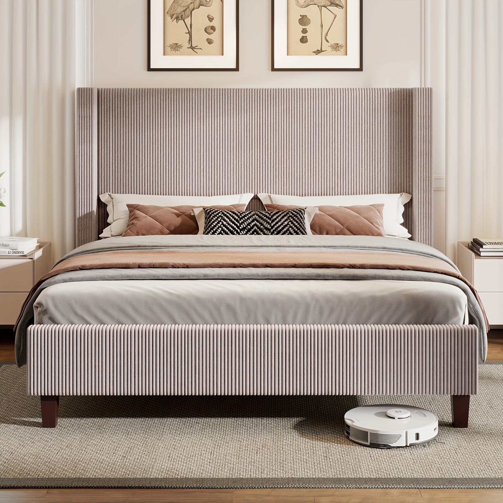 50.8 Inches High Upholstered Wingback Bed Frame - Robust Platform Featuring Solid Wood Legs And Corduroy Fabric, No Box Spring Required