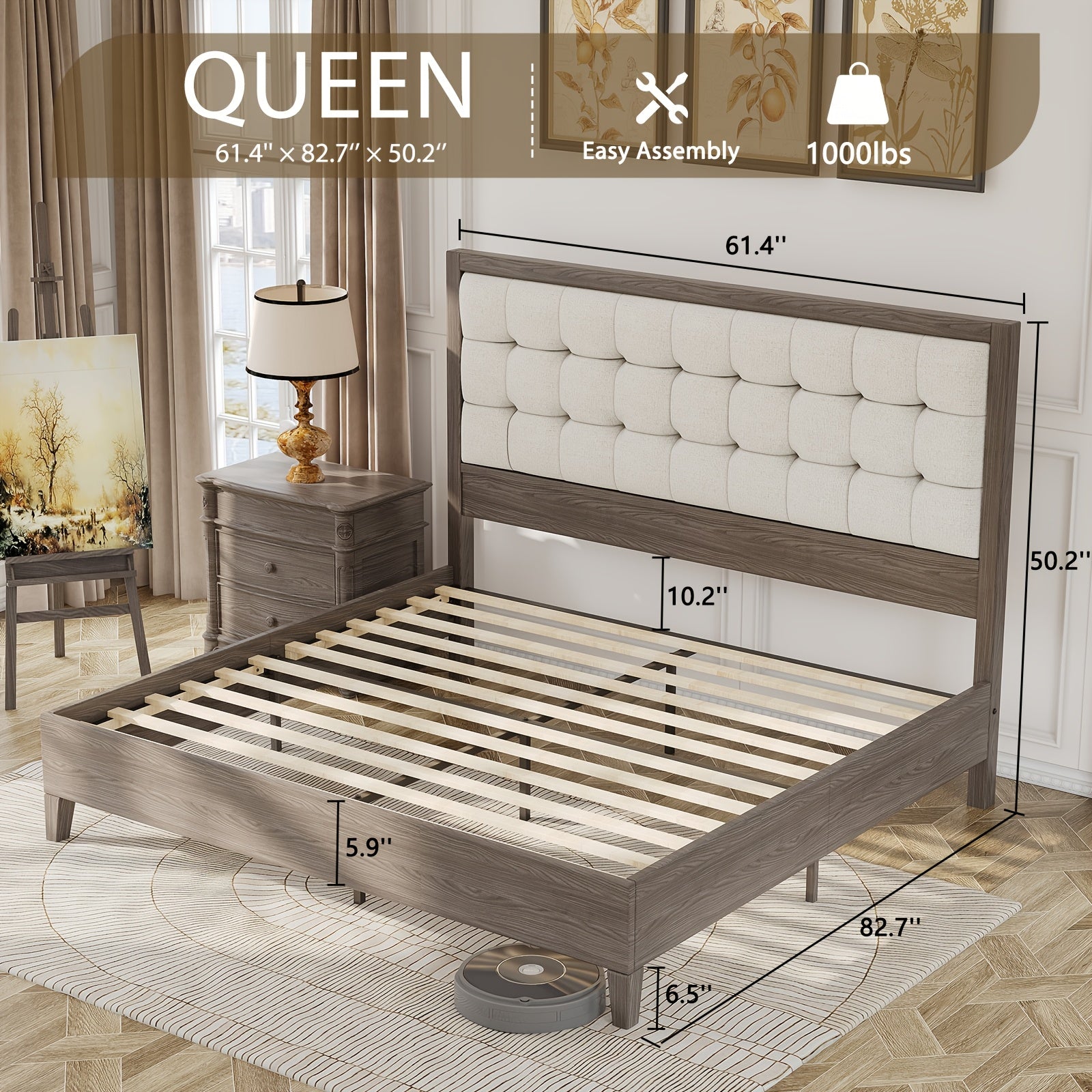 ALBOTT Mid-Century Solid Wood Bed with Padded Headboard And Wooden Slats Support, Box Spring Not Required