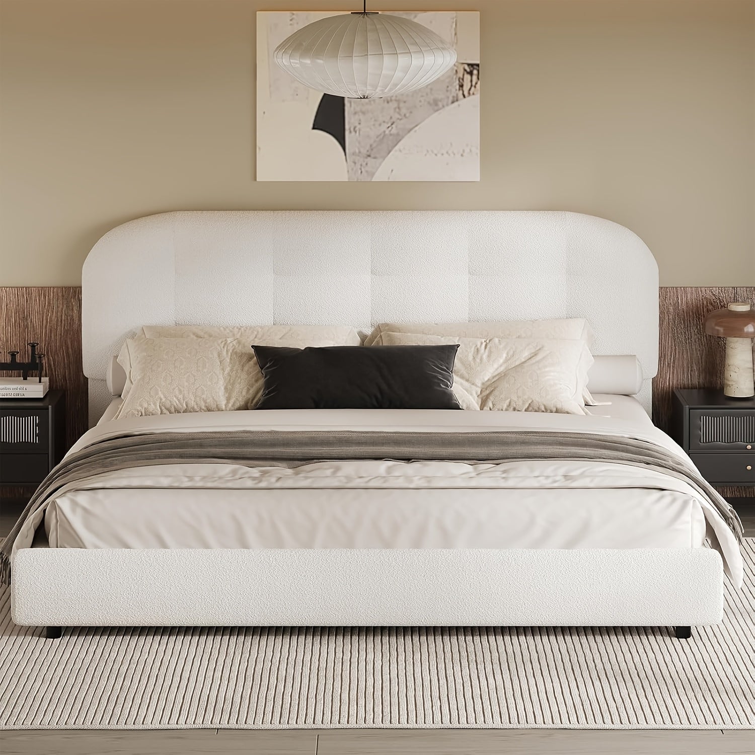 Hombck Twin Full Queen King Size Bed Frame, Upholstered Boucle Bed Frame King Size with Headboard, Soft Cloud Bed Frame with Thickened Footboard, Rounded Corners, No Box Spring Required, Easy Assembly, Cream\u002FWhite