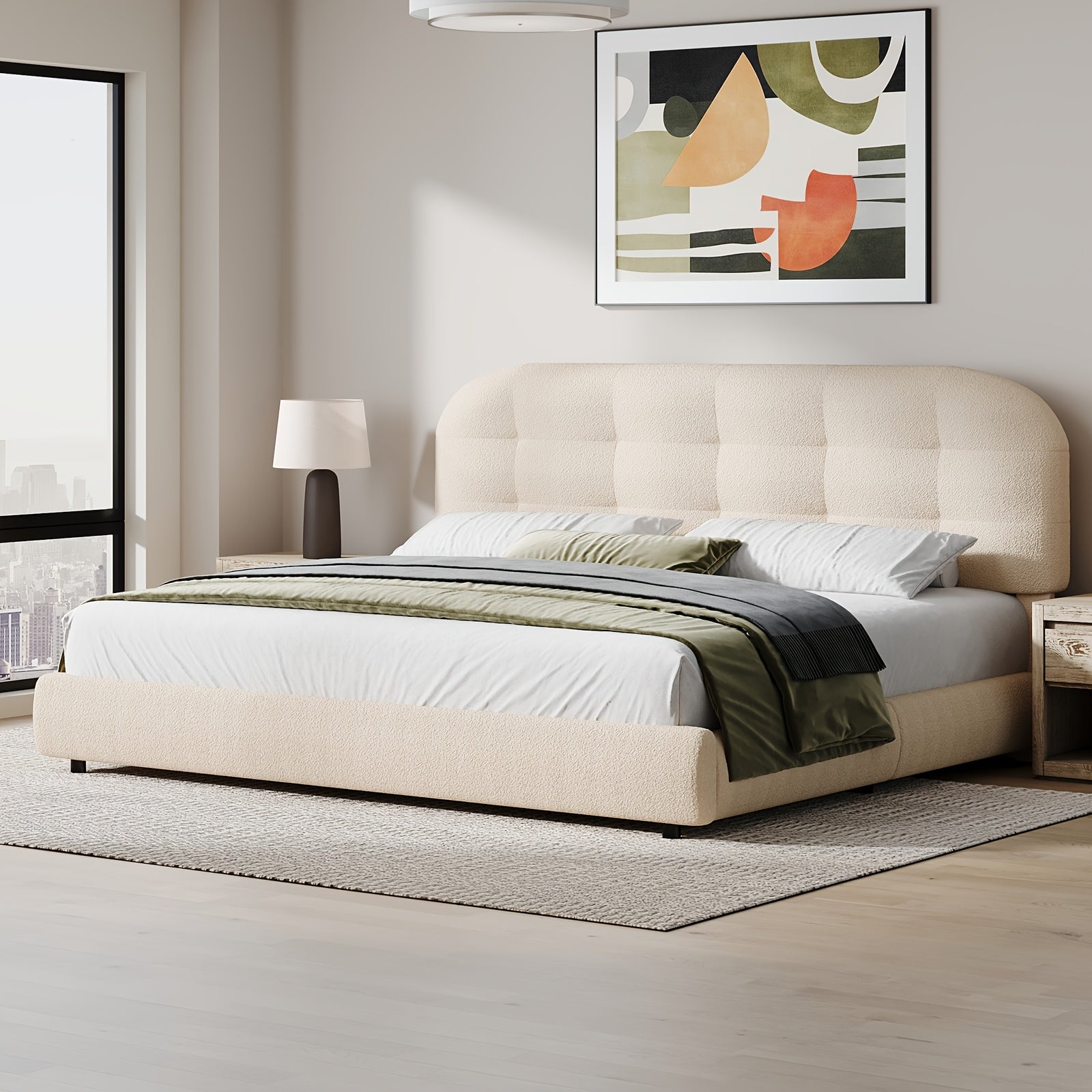 Hombck Twin Full Queen King Size Bed Frame, Upholstered Boucle Bed Frame King Size with Headboard, Soft Cloud Bed Frame with Thickened Footboard, Rounded Corners, No Box Spring Required, Easy Assembly, Cream\u002FWhite