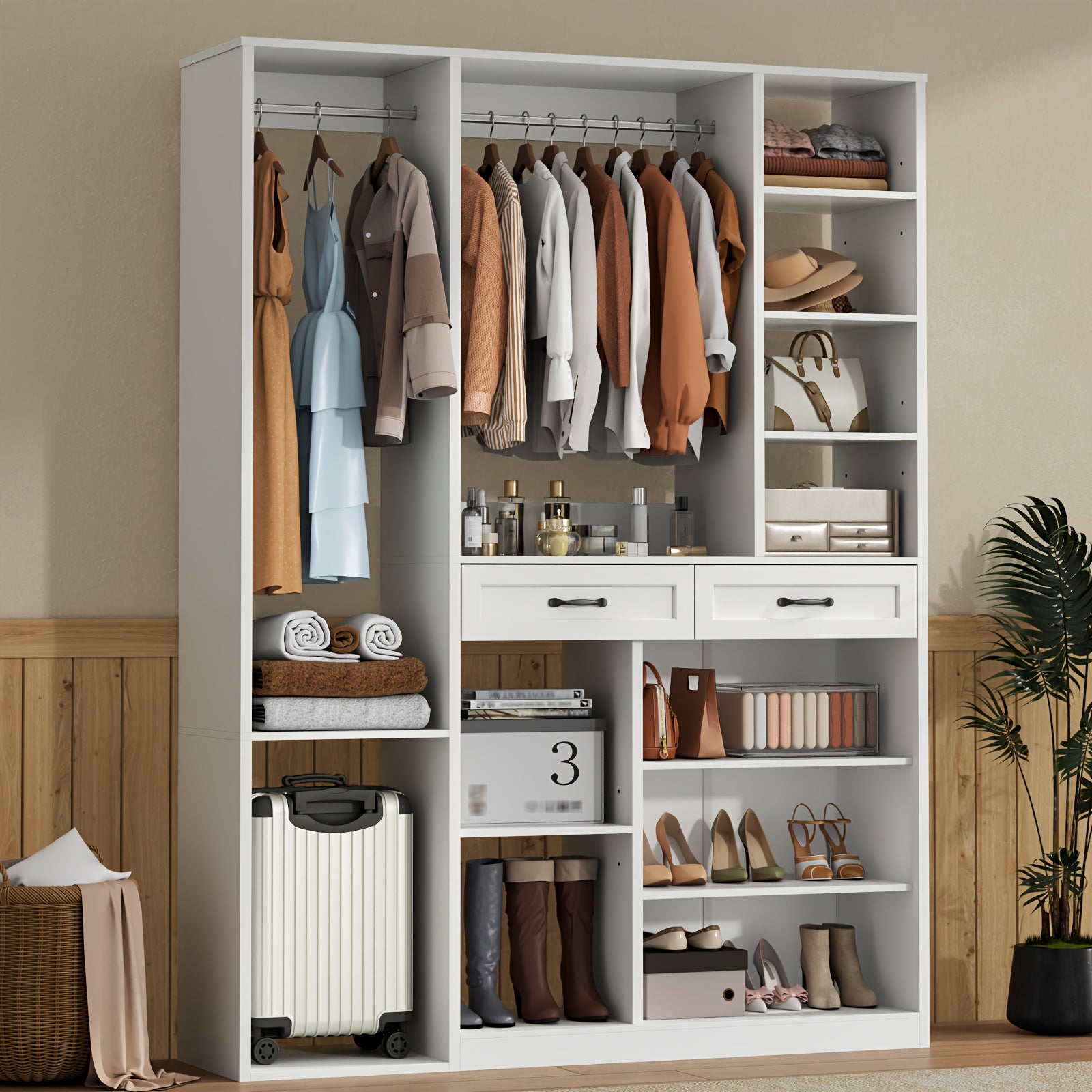 Bedroom Tall Wardrobe with Adjustable Shelves And 2 Drawers, Armoire Wardrobe Closet with 2 Hanging Rods, Wooden Bedroom Closet for Home Room, White Large Armoires with Storage Compartment, 81\