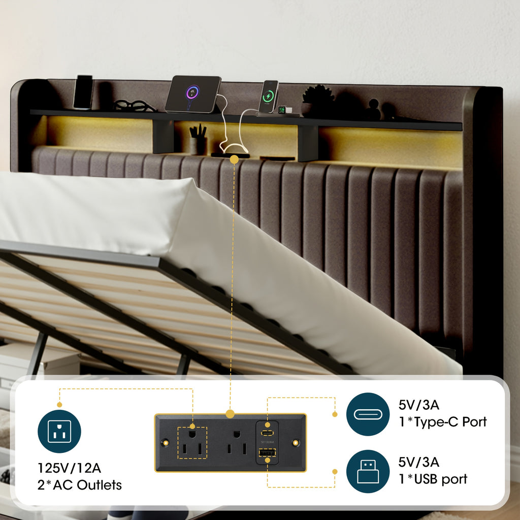 WEEWAY Elevate Storage Bed Frame, Plush Vertical Channel Headboard, LED Lighting And Charging Hub, Hydraulic Assistance, Silent Wooden Slats, No Box Spring Required, Bedroom Furnishings, Master Suite, Guest Room, Available in White, Black, Cream