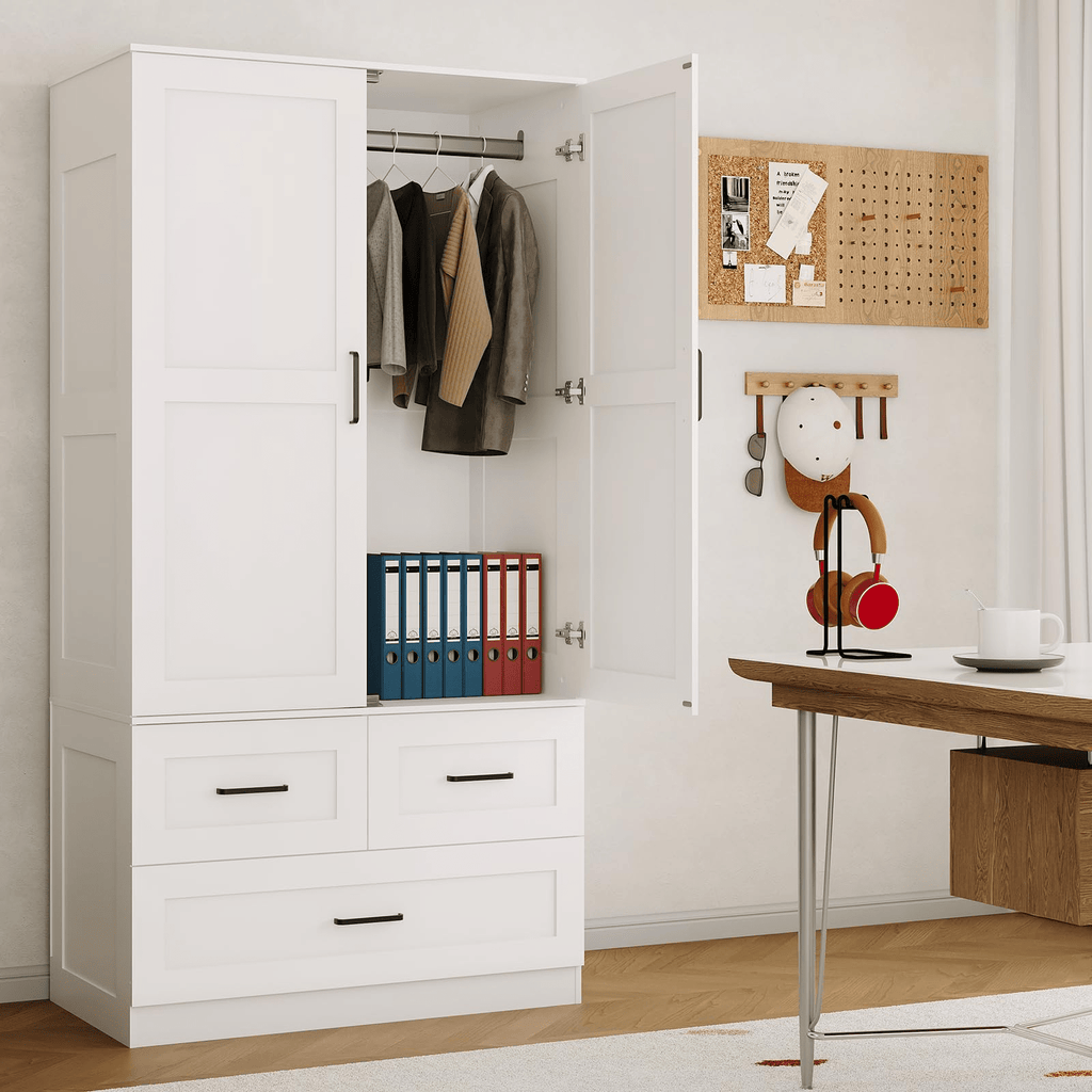 A 70-Inch Standalone Wooden Closet Designed for Bedrooms, Featuring Hanging Rods And Three Spacious Drawers, Ideal for Efficient Clothing Storage