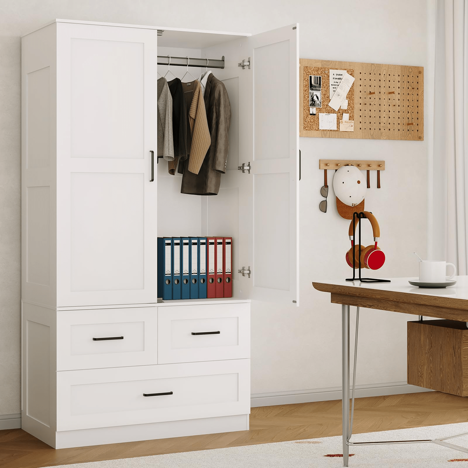 A 70-Inch Standalone Wooden Closet Designed for Bedrooms, Featuring Hanging Rods And Three Spacious Drawers, Ideal for Efficient Clothing Storage